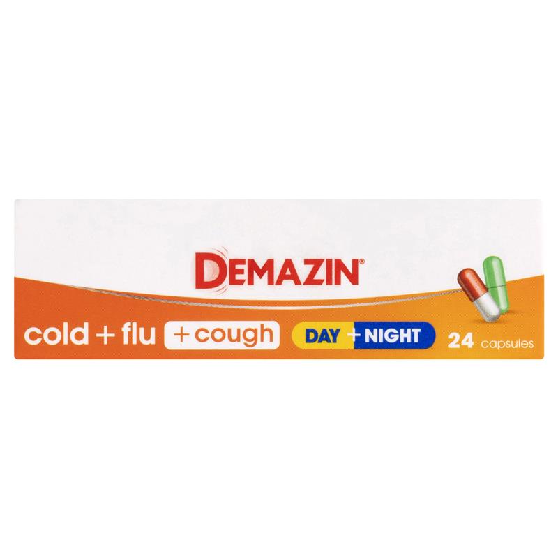 Load image into Gallery viewer, Demazin Cold + Flu + Cough Day + Night 24 Capsules
