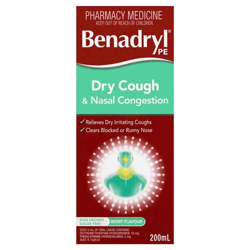 Load image into Gallery viewer, Benadryl PE Dry Cough &amp; Nasal Congestion Non Drowsy Berry Flavour 200mL
