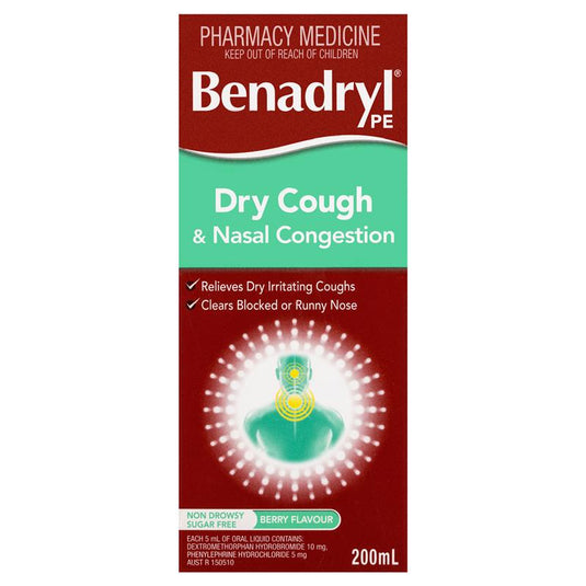 Benadryl PE Dry Cough & Nasal Congestion Non Drowsy Berry Flavour 200mL