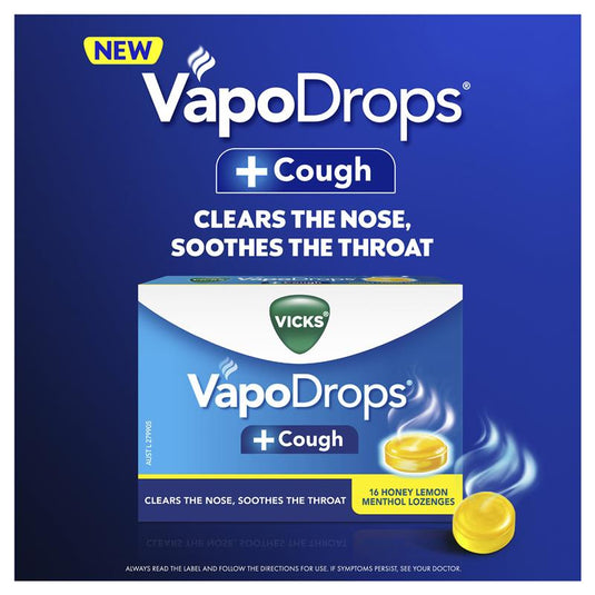 Vicks VapoDrops + Cough Honey Lemon Menthol 16 Lozenges