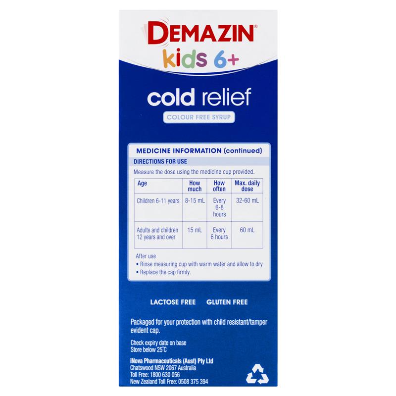 Load image into Gallery viewer, Demazin Kids 6+ Cold Relief Colour Free Syrup 200ml
