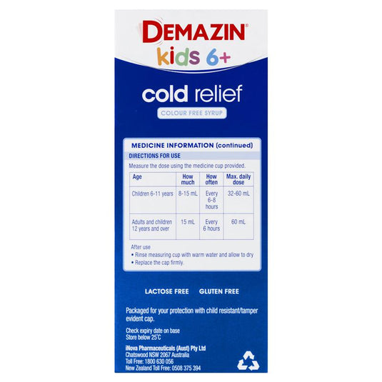 Demazin Kids 6+ Cold Relief Colour Free Syrup 200ml