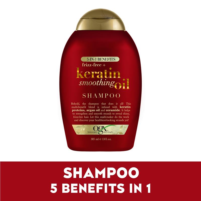 Load image into Gallery viewer, Ogx Frizz Free + Keratin Smoothing Oil 5 in 1 Benefits Shampoo For Frizzy Hair 385mL
