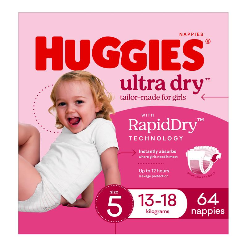 Load image into Gallery viewer, Huggies Ultra Dry Nappies Girl Size 5 Jumbo 64 Pack
