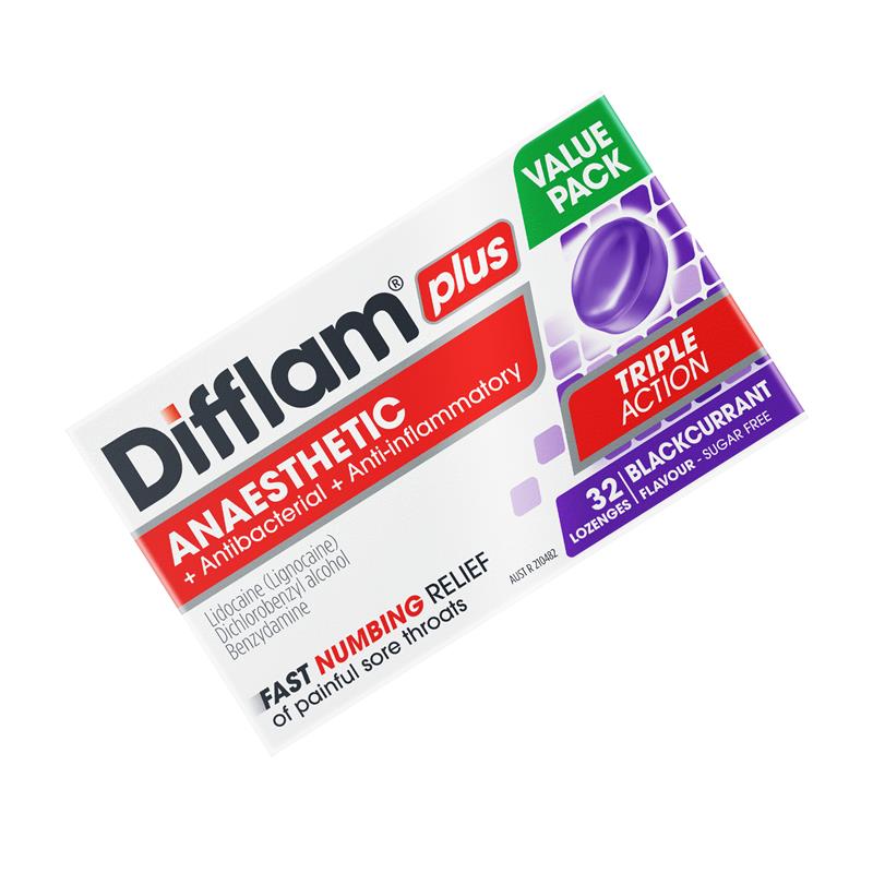 Load image into Gallery viewer, Difflam Plus Triple Action Blackcurrant 32 Lozenges
