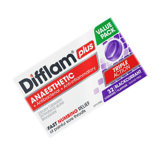 Difflam Plus Triple Action Blackcurrant 32 Lozenges