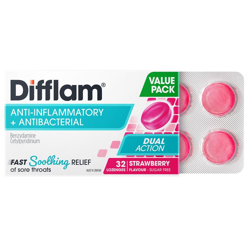 Load image into Gallery viewer, Difflam Dual Action Strawberry 32 Lozenges

