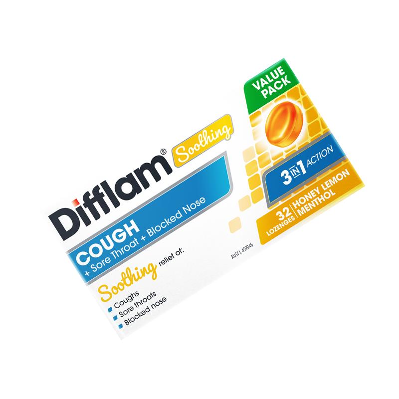 Load image into Gallery viewer, Difflam Soothing Cough + Sore Throat + Blocked Nose Honey Lemon 32 Lozenges
