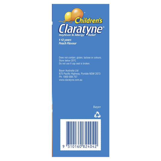 Children's Claratyne Allergy & Hayfever Relief Syrup For Kids Peach Flavour 150mL