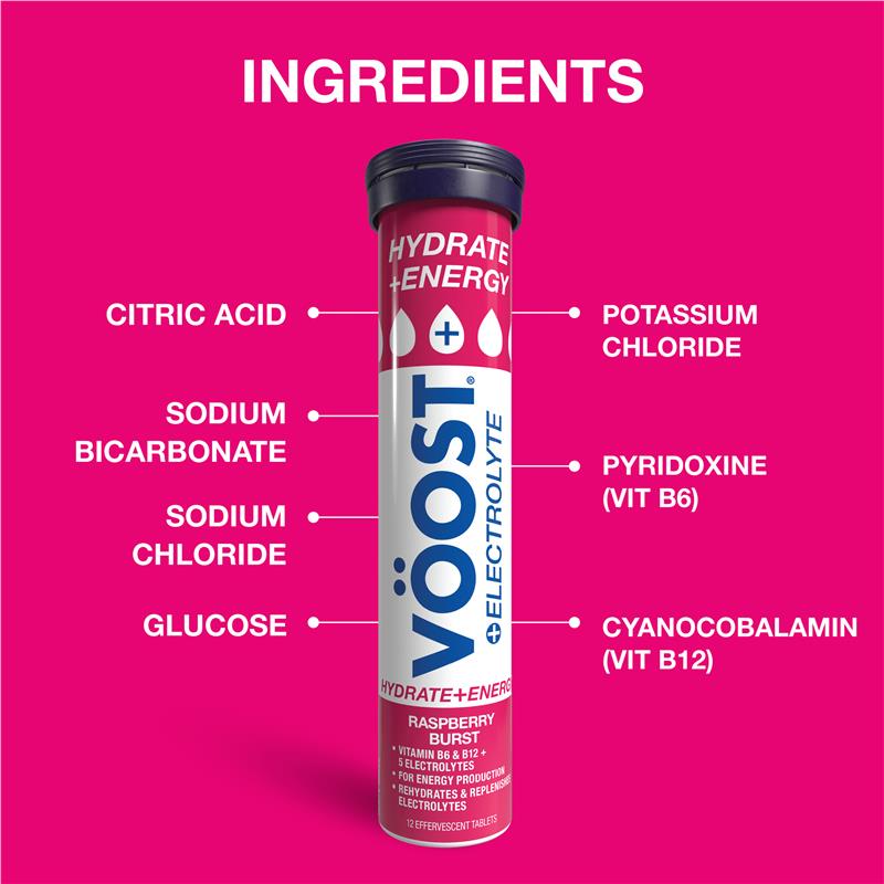 Load image into Gallery viewer, Voost Hydrate + Energy Raspberry Burst Effervescent Tablets 12 Pack
