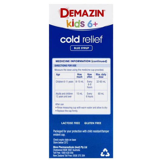 Demazin Kids 6+ Cold Relief Blue Syrup 200ml