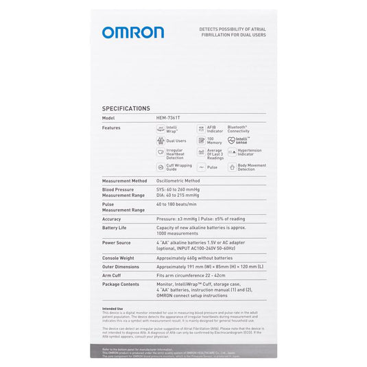 Omron HEM7361T Blood Pressure + AFIB Monitor Bluetooth
