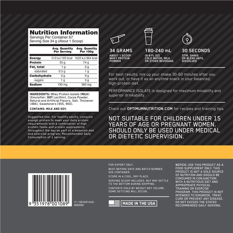 Load image into Gallery viewer, Optimum Nutrition Isolate Chocolate Milkshake 2.28kg
