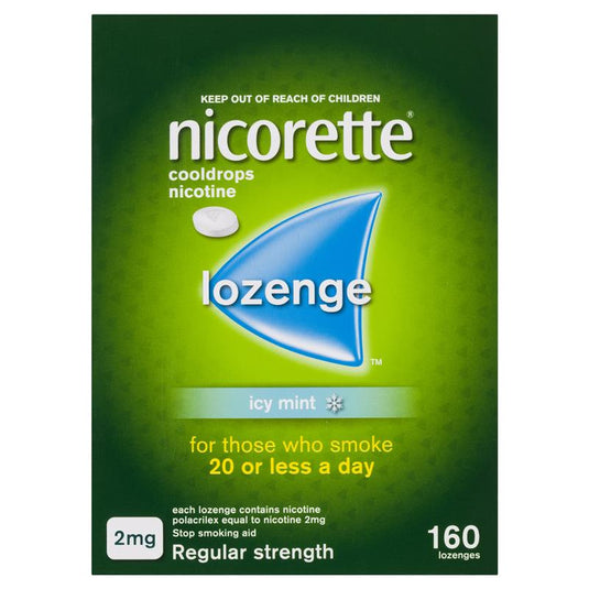 Nicorette Quit Smoking Regular Strength Cooldrops Nicotine Lozenge Icy Mint 8 x 20 Pack