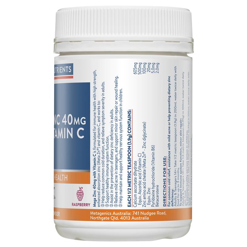 Load image into Gallery viewer, Ethical Nutrients Mega Zinc 40mg with Vitamin C Raspberry 190g Powder

