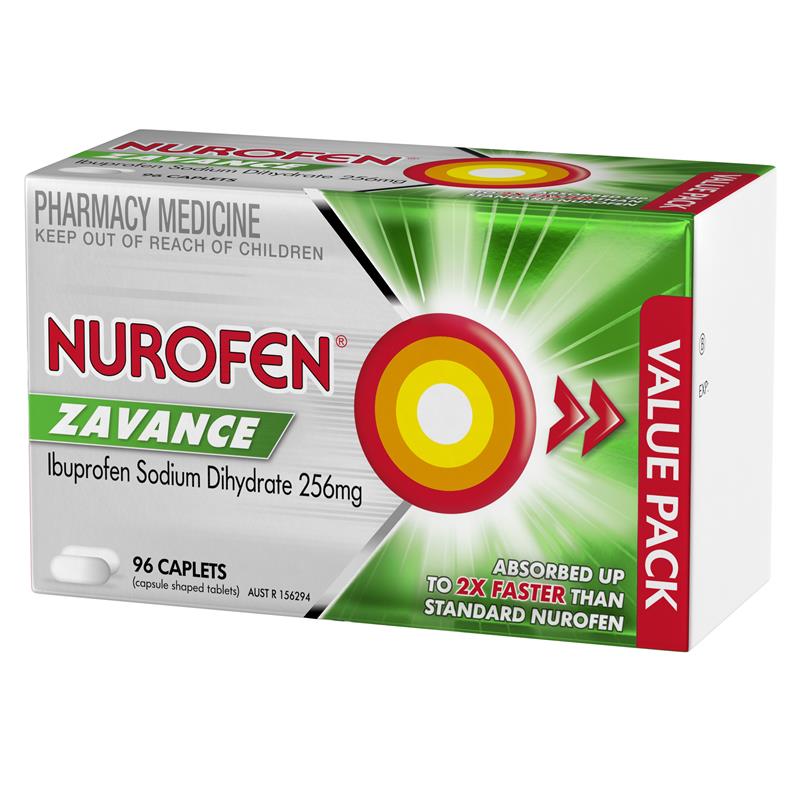 Load image into Gallery viewer, Nurofen Zavance Fast Pain Relief Caplets 256mg Ibuprofen 96 Pack
