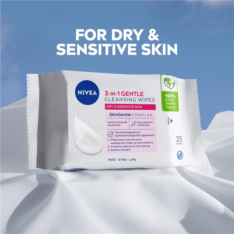 Load image into Gallery viewer, NIVEA 3in1 Gentle Cleansing Dry &amp; Sensitive Skin Wipes 25 Pack
