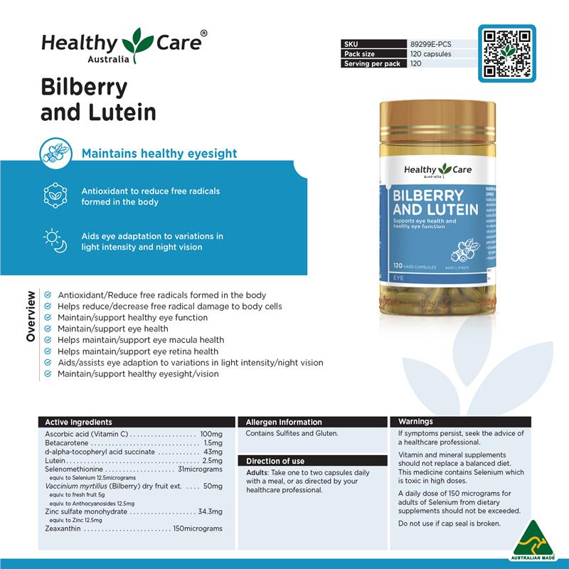 Load image into Gallery viewer, Healthy Care Bilberry &amp; Lutein 120 Capsules
