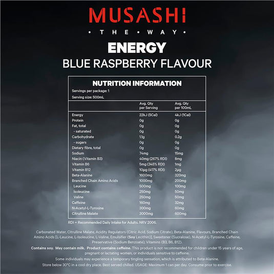 Musashi Blue Raspberry Energy Drinks 500ml x 4 Pack
