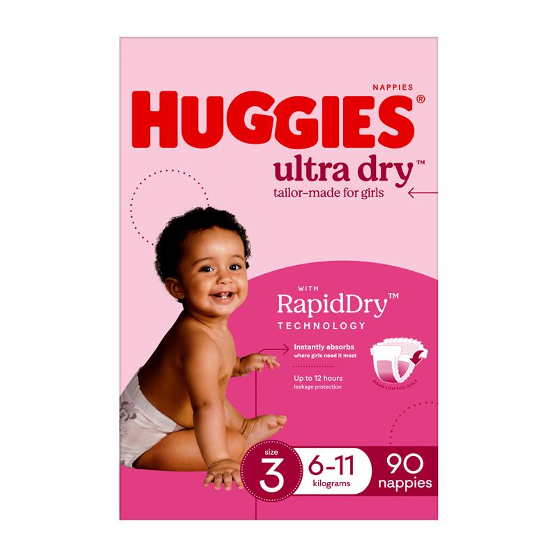 Load image into Gallery viewer, Huggies Ultra Dry Nappies Girl Size 3 Jumbo 90 Pack
