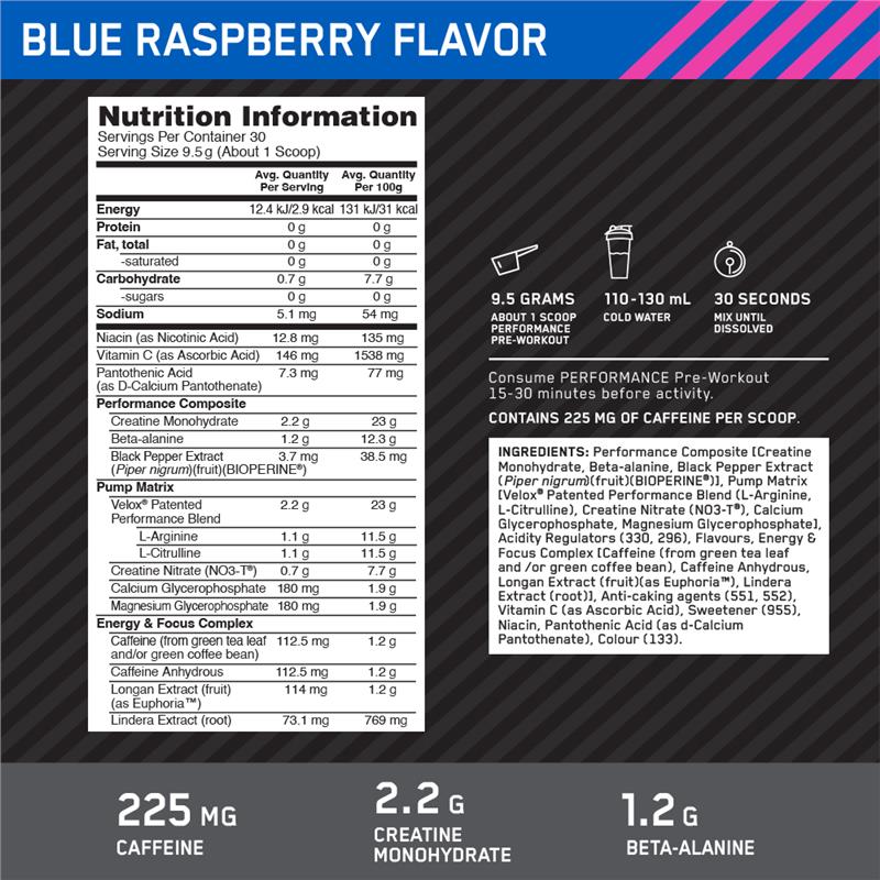 Load image into Gallery viewer, Optimum Nutrition Performance Preworkout Blue Raspberry 285g
