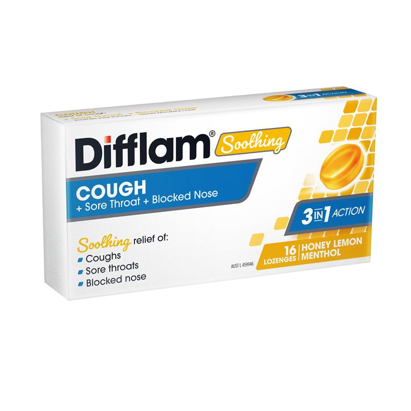 Load image into Gallery viewer, Difflam Soothing Cough + Sore Throat + Blocked Nose Honey Lemon 16 Lozenges
