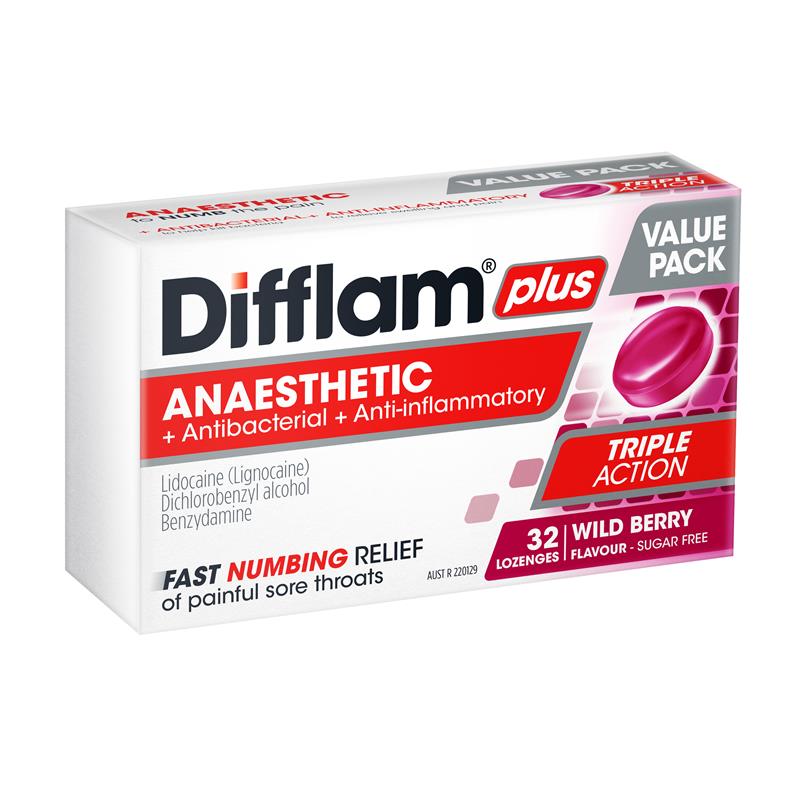 Load image into Gallery viewer, Difflam Plus Anaesthetic Sugar Free Wild Berry 32 Lozenges
