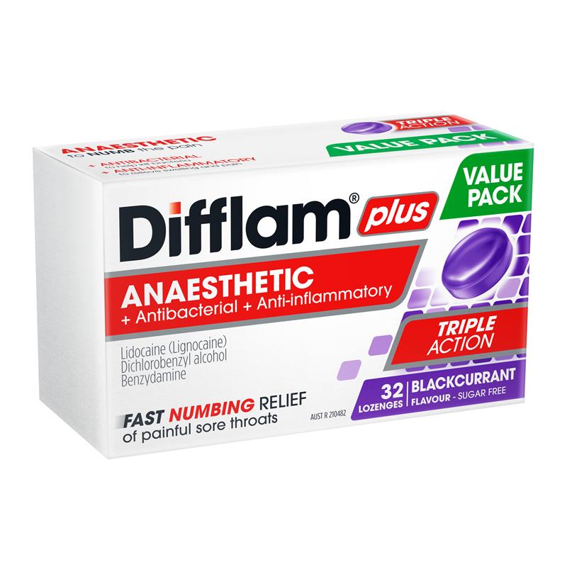 Load image into Gallery viewer, Difflam Plus Triple Action Blackcurrant 32 Lozenges
