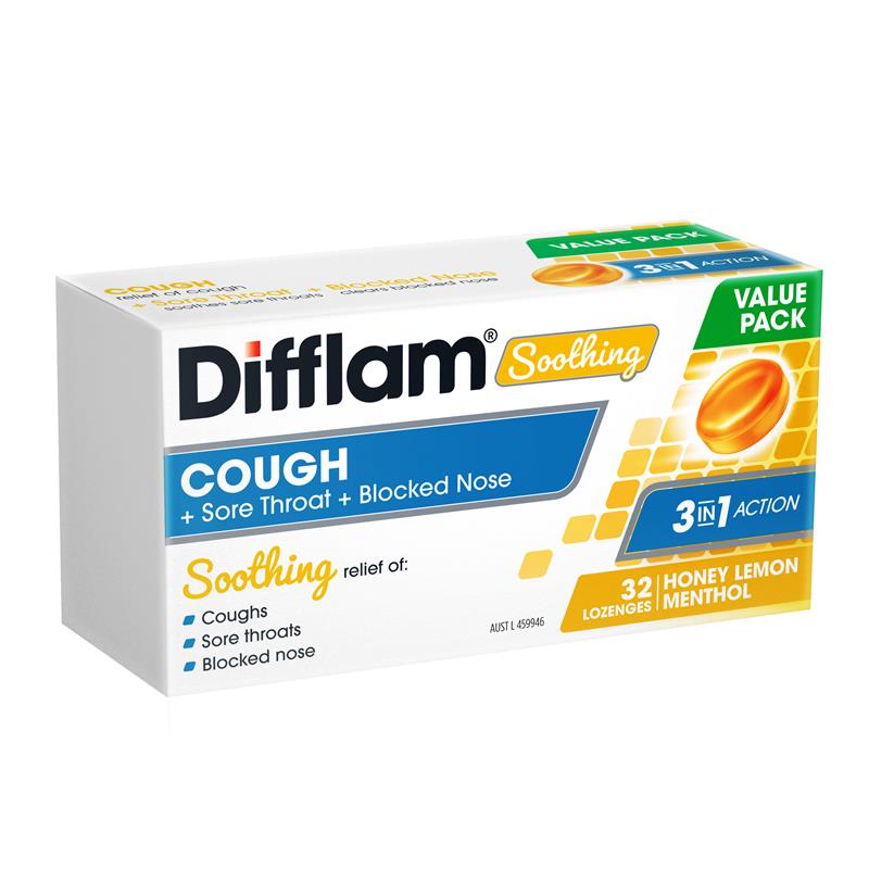 Load image into Gallery viewer, Difflam Soothing Cough + Sore Throat + Blocked Nose Honey Lemon 32 Lozenges
