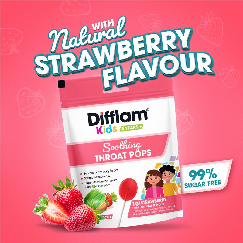 Load image into Gallery viewer, Difflam Soothing Throat Pops Strawberry 10 pack
