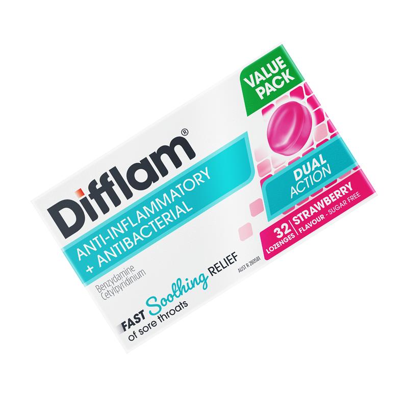 Load image into Gallery viewer, Difflam Dual Action Strawberry 32 Lozenges
