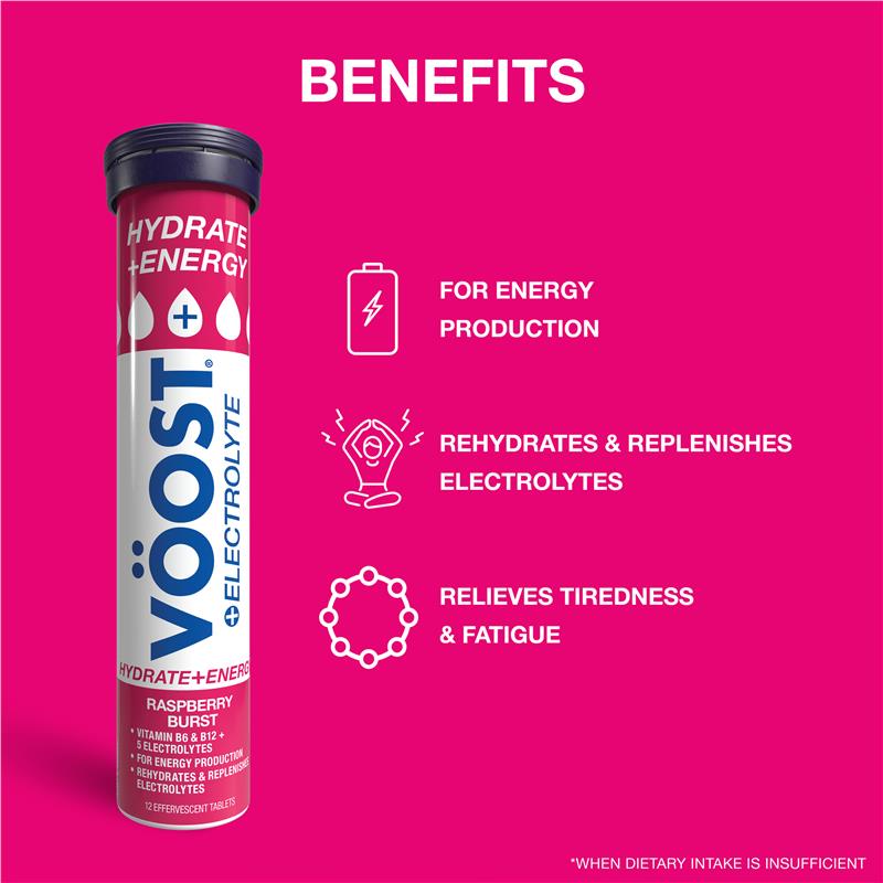 Load image into Gallery viewer, Voost Hydrate + Energy Raspberry Burst Effervescent Tablets 12 Pack
