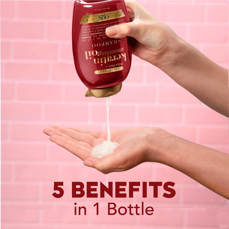 Load image into Gallery viewer, Ogx Frizz Free + Keratin Smoothing Oil 5 in 1 Benefits Shampoo For Frizzy Hair 385mL
