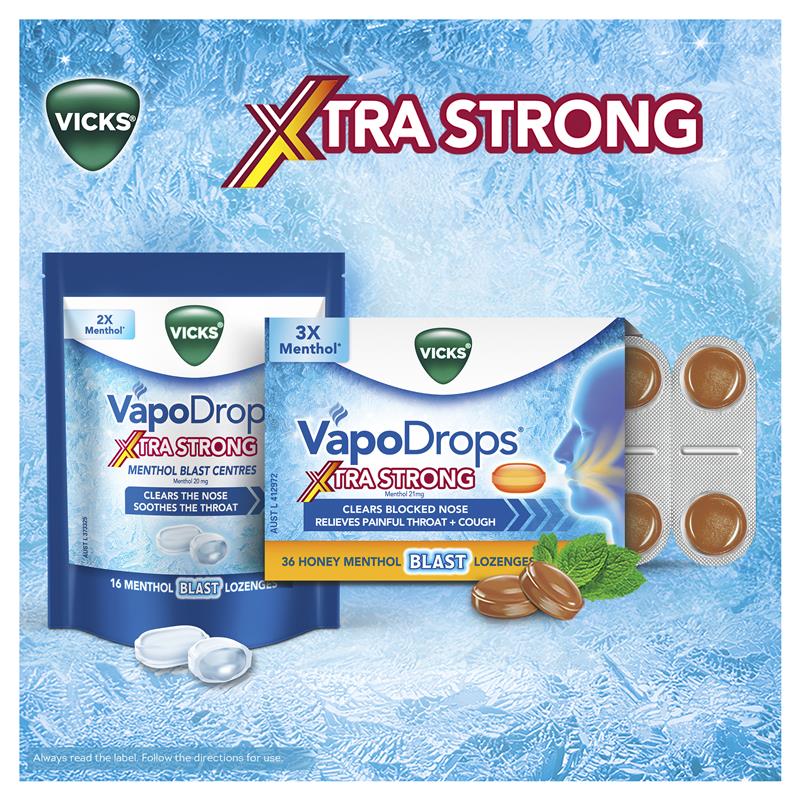 Load image into Gallery viewer, Vicks VapoDrops Xtra Strong Menthol Blast 16 Lozenges
