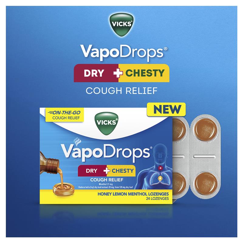Load image into Gallery viewer, Vicks VapoDrops Dry + Chesty Cough Relief 24 Lozenges
