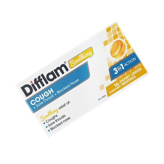 Difflam Soothing Cough + Sore Throat + Blocked Nose Honey Lemon 16 Lozenges