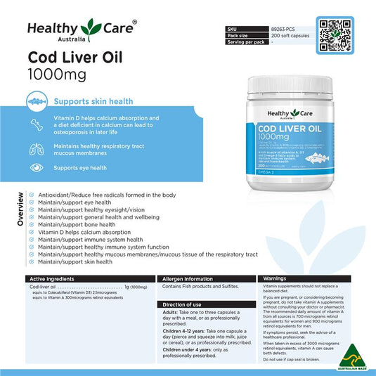 Healthy Care Cod Liver Oil 1000mg 200 Softgel Capsules