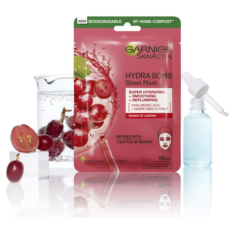 Load image into Gallery viewer, Garnier Hydra Bomb Hyaluronic Acid + Grape Seed Anti Ageing Sheet Mask
