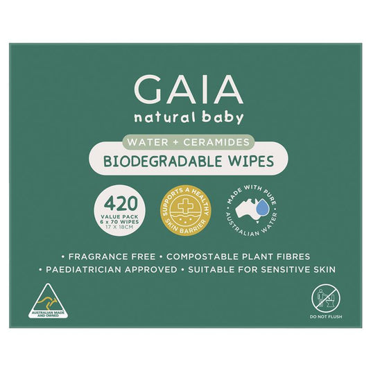 GAIA Biodegradable Water Wipes 6 x 70 Pack Exclusive Size