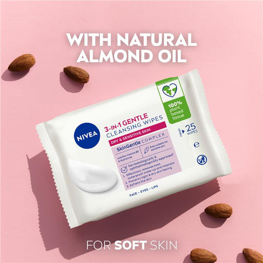 NIVEA 3in1 Gentle Cleansing Dry & Sensitive Skin Wipes 25 Pack
