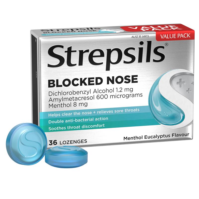 Load image into Gallery viewer, Strepsils Plus Blocked Nose Relief Throat Lozenges Menthol Eucalyptus 36 Pack
