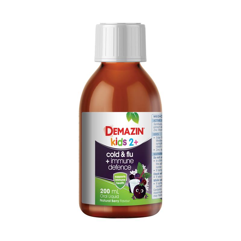 Load image into Gallery viewer, Demazin Kids 2+ Cold &amp; Flu + Immune Defence Natural Berry Oral Liquid 200mL
