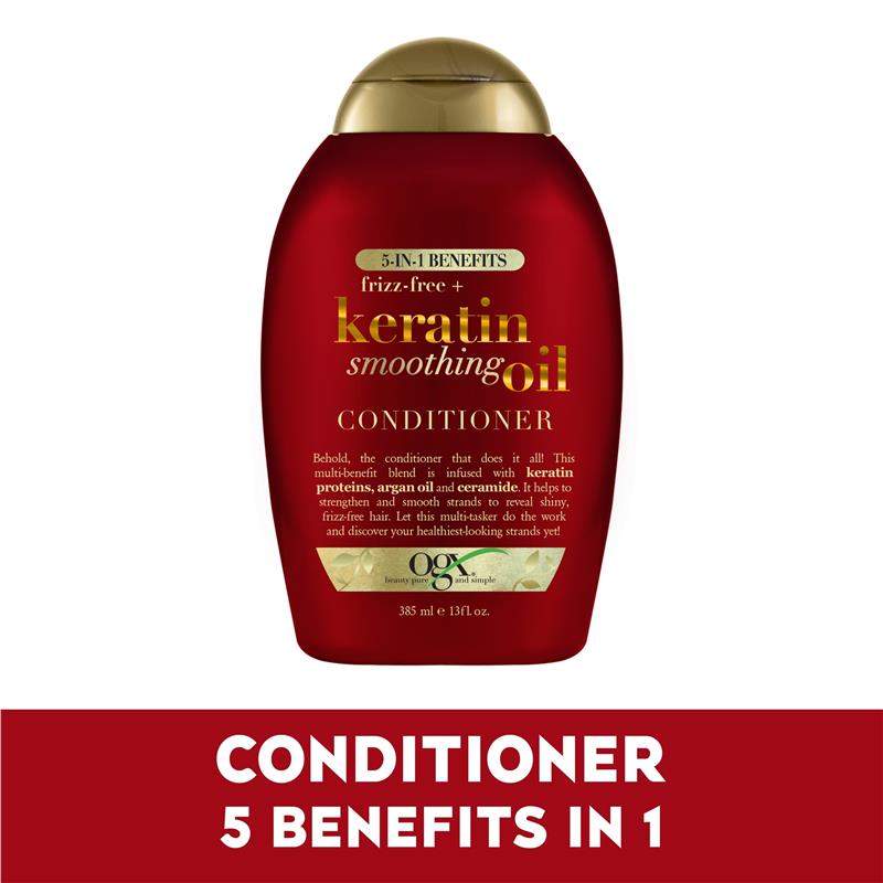 Load image into Gallery viewer, Ogx Frizz Free + Keratin Smoothing Oil 5 in 1 Benefits Conditioner For Frizzy Hair 385mL
