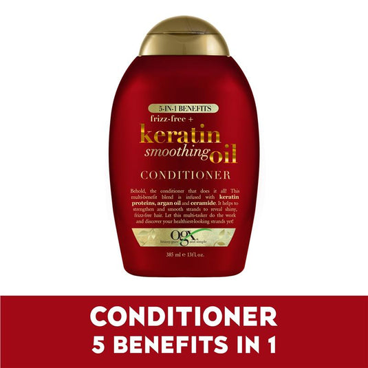 Ogx Frizz Free + Keratin Smoothing Oil 5 in 1 Benefits Conditioner For Frizzy Hair 385mL
