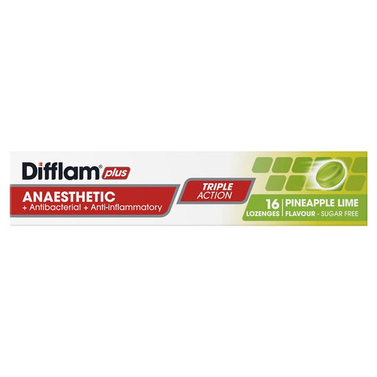 Difflam Plus Anaesthetic Sugar Free Pineapple & Lime 16 Lozenges