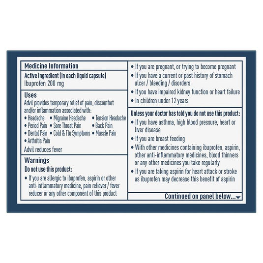 Advil Ibuprofen Pain Relief Liquid Mini 20 Capsules