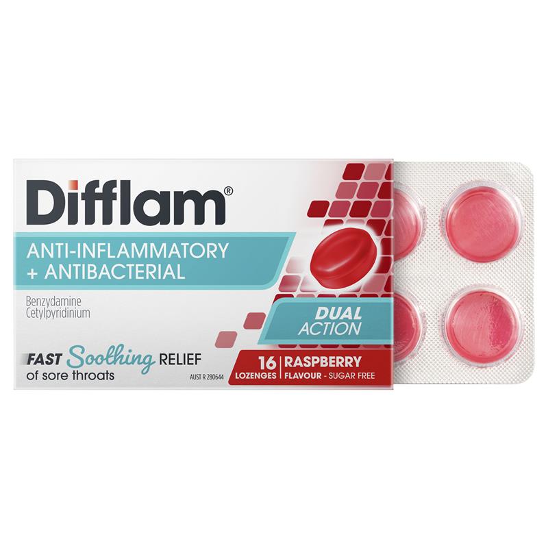 Load image into Gallery viewer, Difflam Sore Throat Sugar Free Raspberry 16 Lozenges
