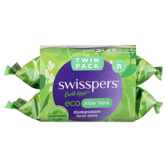 Swisspers Eco Aloe Vera Biodegradable Facial Wipes Twin Pack 2 x 25 Wipes