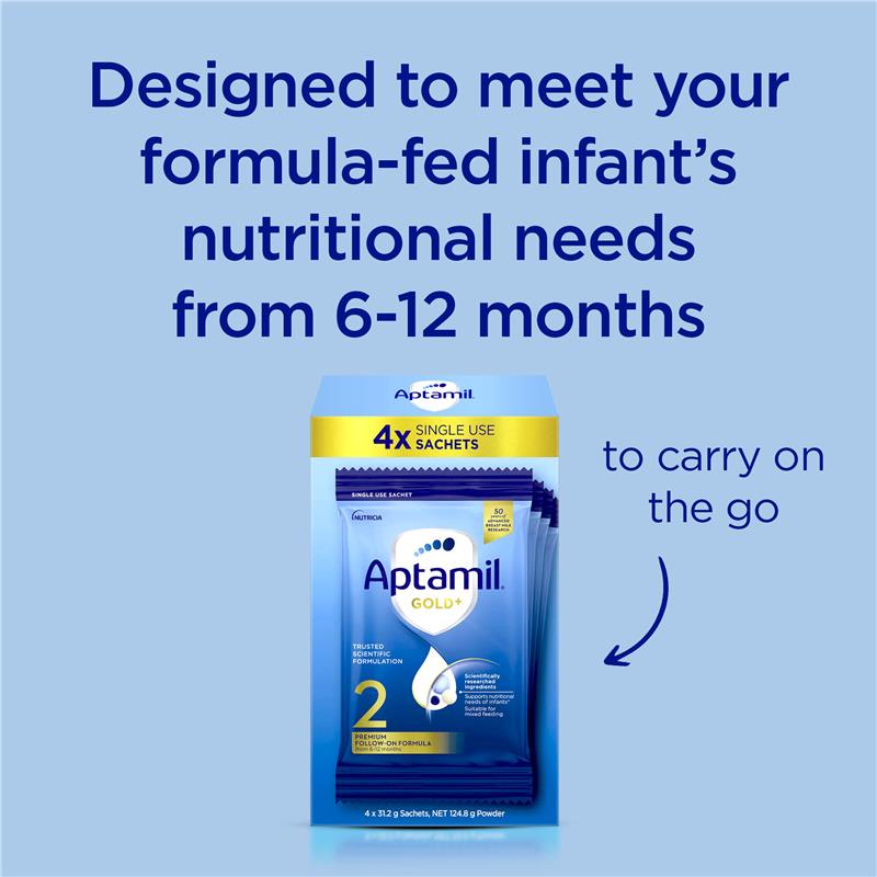 Load image into Gallery viewer, Aptamil Gold+ 2 Baby Follow-On Formula Powder Sachets From 6-12 Months 4 Pack 31.2g
