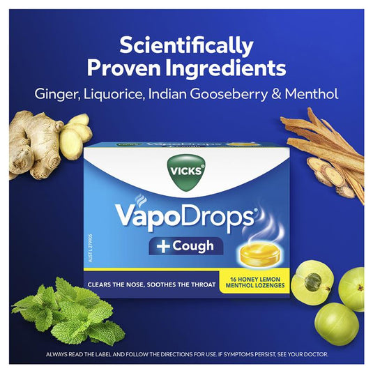 Vicks VapoDrops + Cough Honey Lemon Menthol 16 Lozenges